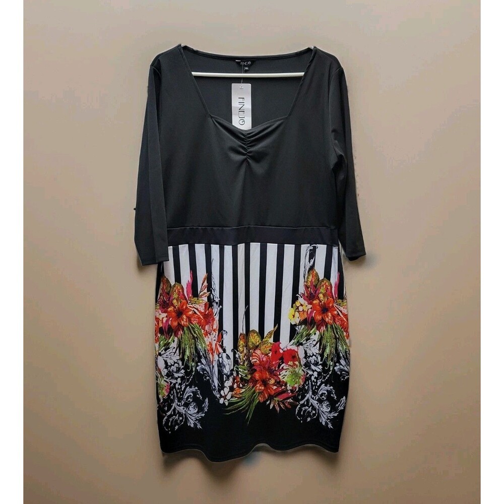 Finejo Black & White Striped Colorful Floral Shift Dress Plus Size XXL